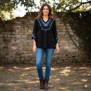 Pink Cattlelac Black Embroidered Tunic Top Size S Turquoise Detail Bell Sleeve